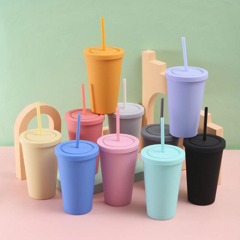Pahar din plastic cu dublu perete, izolat, AS/PS, cu pai, pentru ceai cu lapte