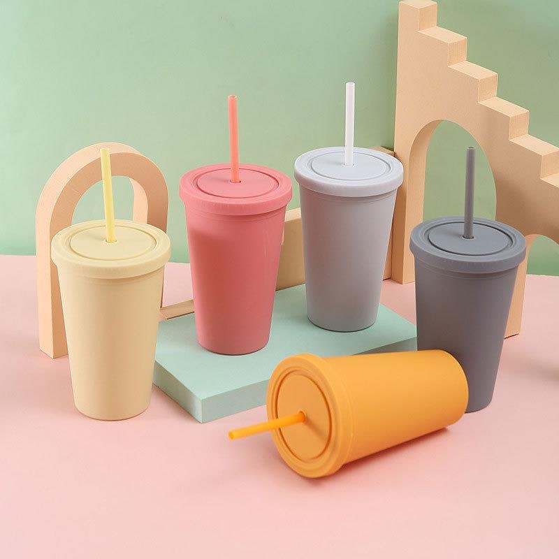 Pahar din plastic cu dublu perete, izolat, AS/PS, cu pai, pentru ceai cu lapte