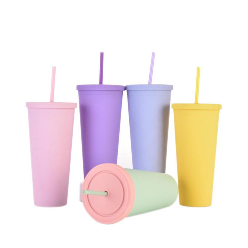Pahar din plastic cu dublu perete, izolat, AS/PS, cu pai, pentru ceai cu lapte