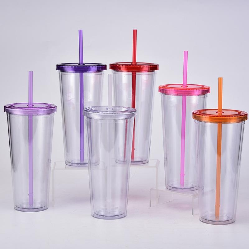 Pahar din plastic cu dublu perete, izolat, AS/PS, cu pai, pentru ceai cu lapte