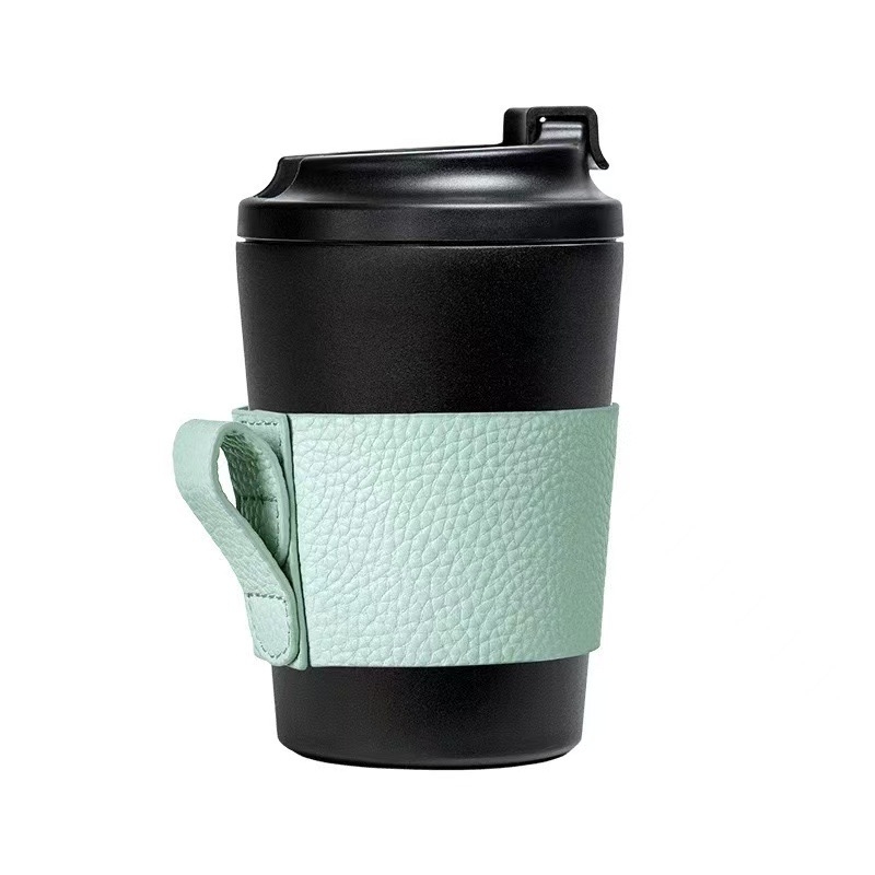 Husă izolatoare pentru cană de ceai și cafea, piele PU cu textură lychee, mâner portabil, protecție împotriva arsurilor