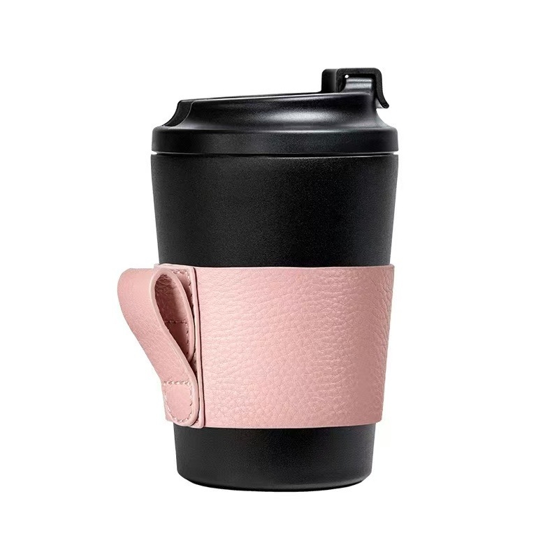 Husă izolatoare pentru cană de ceai și cafea, piele PU cu textură lychee, mâner portabil, protecție împotriva arsurilor