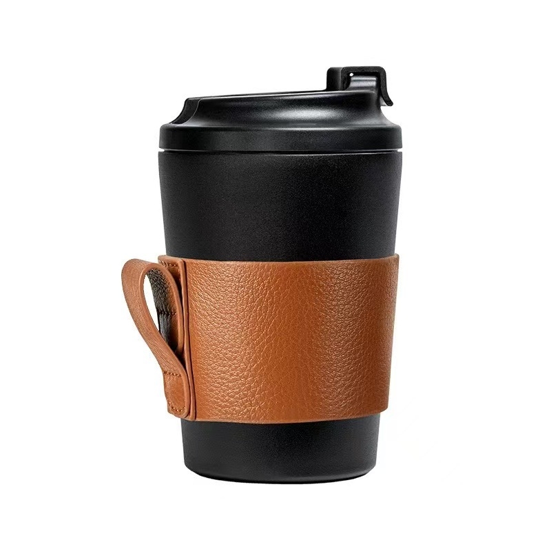 Husă izolatoare pentru cană de ceai și cafea, piele PU cu textură lychee, mâner portabil, protecție împotriva arsurilor