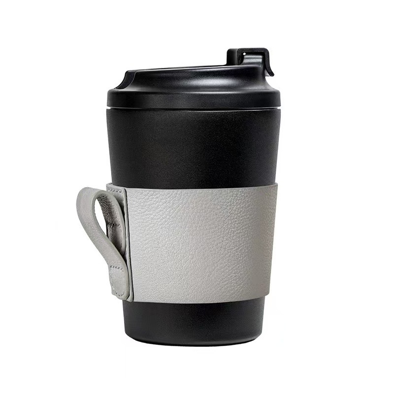Husă izolatoare pentru cană de ceai și cafea, piele PU cu textură lychee, mâner portabil, protecție împotriva arsurilor
