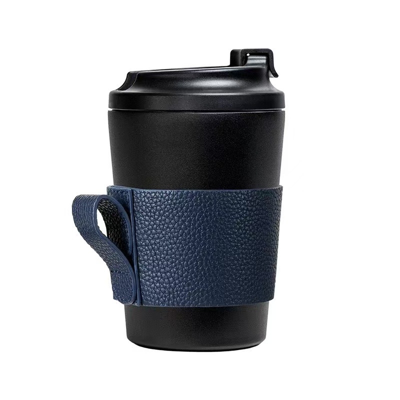 Husă izolatoare pentru cană de ceai și cafea, piele PU cu textură lychee, mâner portabil, protecție împotriva arsurilor