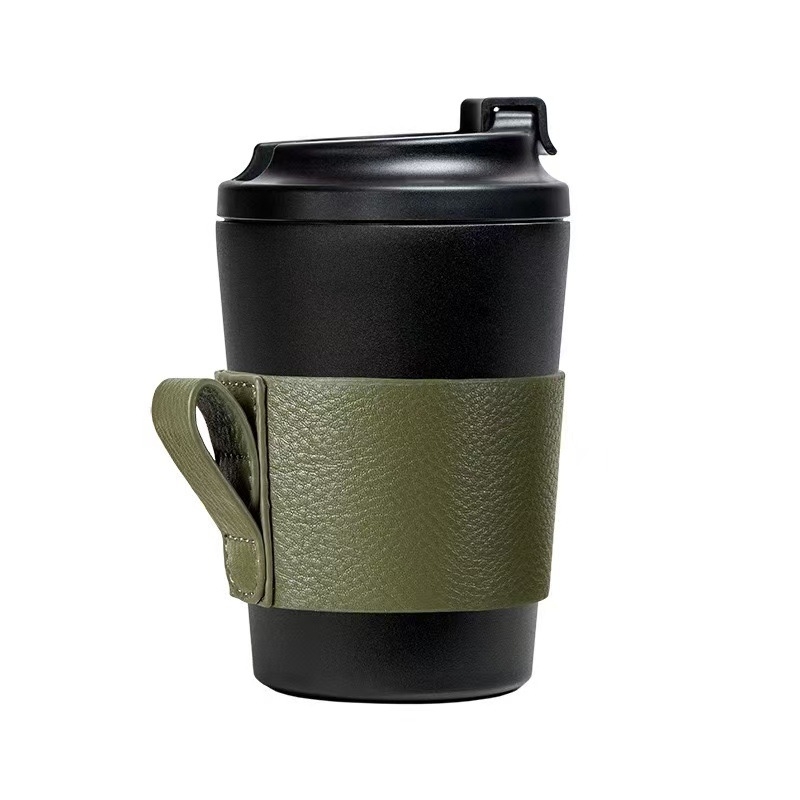 Husă izolatoare pentru cană de ceai și cafea, piele PU cu textură lychee, mâner portabil, protecție împotriva arsurilor