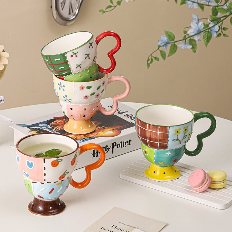 Ceșcuță ceramică cu relief, pictată manual, pentru cafea, design drăguț