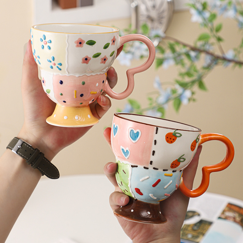 Ceșcuță ceramică cu relief, pictată manual, pentru cafea, design drăguț