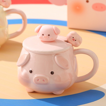 Cană ceramică creativă, drăguță, cu capac, motiv purceluș, cadou de ziua fetei, cadou practic pentru cea mai bună prietenă