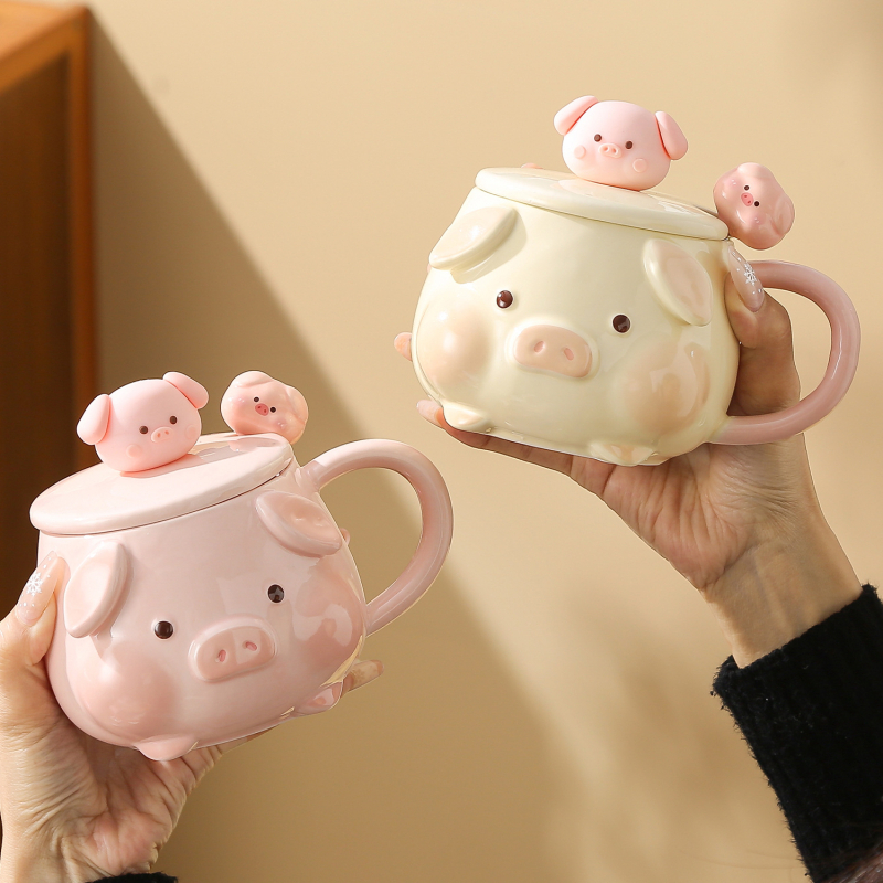 Cană ceramică creativă, drăguță, cu capac, motiv purceluș, cadou de ziua fetei, cadou practic pentru cea mai bună prietenă