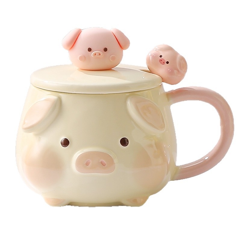 Cană ceramică creativă, drăguță, cu capac, motiv purceluș, cadou de ziua fetei, cadou practic pentru cea mai bună prietenă