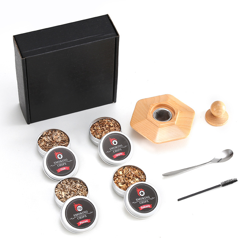 Set de afumare pentru cocktailuri din lemn de fag, cu capac de fum și arome variate de rumeguș de lemn