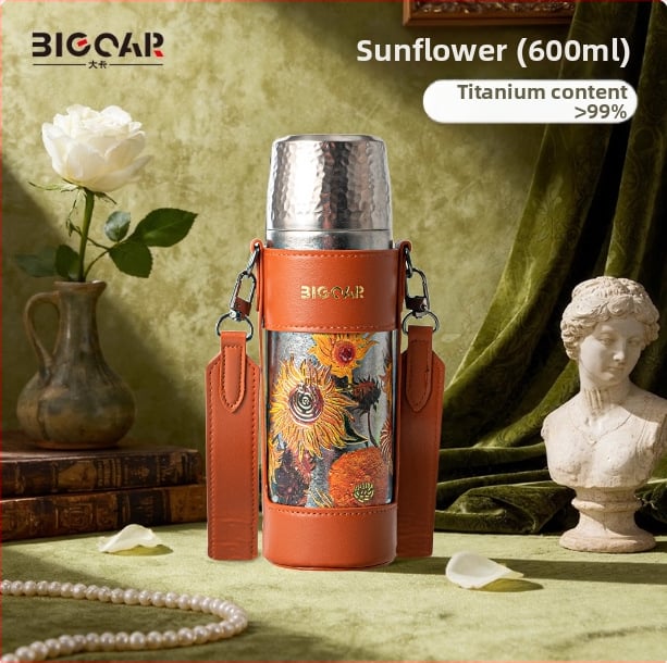 Termos din titan pur, capacitate mare, model 2025, portabil, cu separare ceai-apă, cu model floral