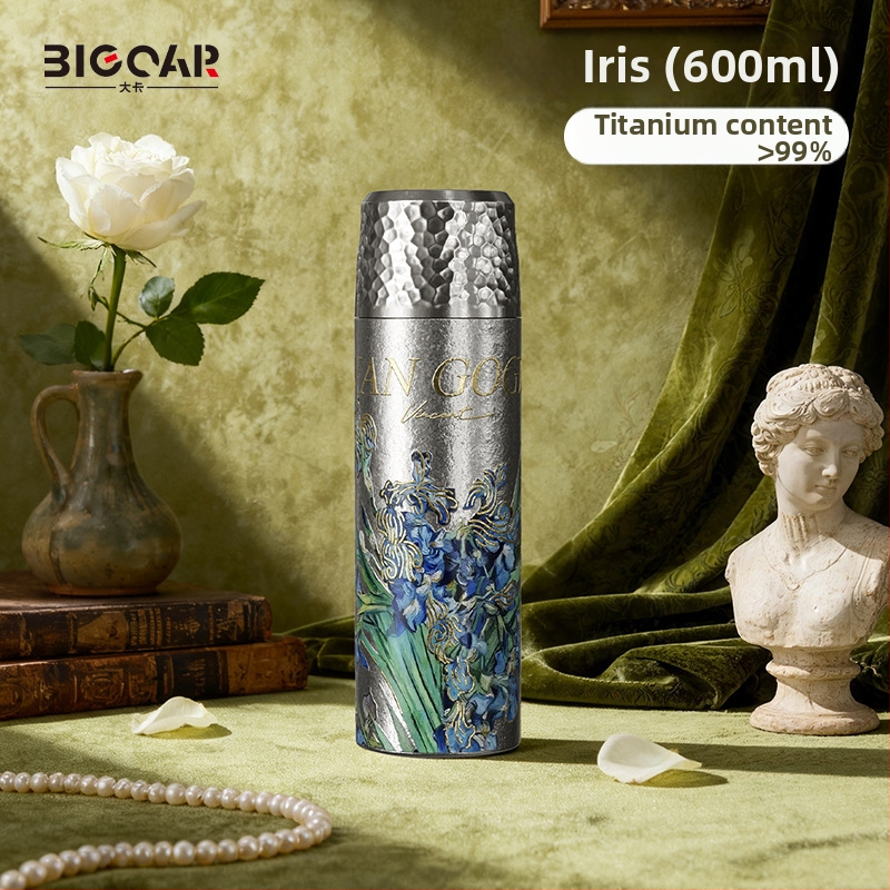 Termos din titan pur, capacitate mare, model 2025, portabil, cu separare ceai-apă, cu model floral
