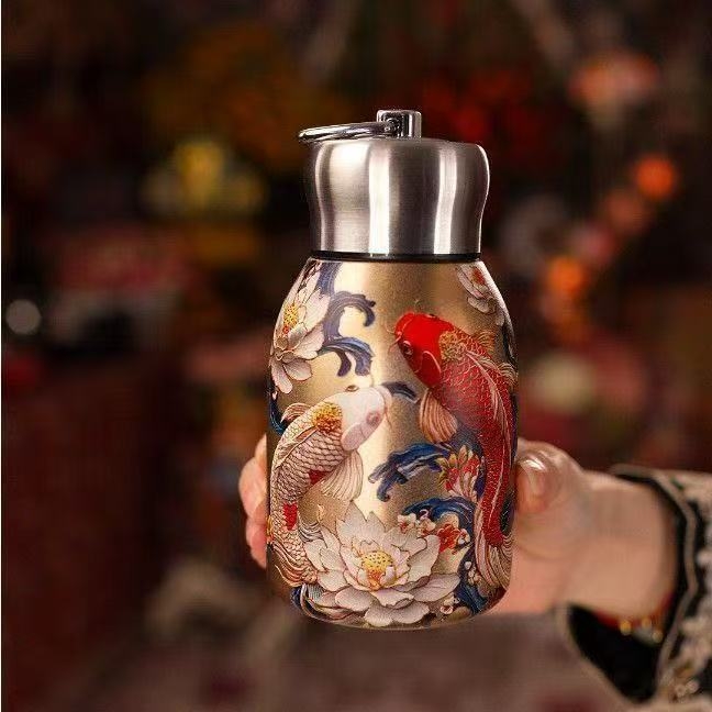 Cana termică în stil chinezesc retro, paun auriu, interior din oțel inoxidabil 316, portabilă