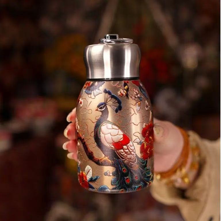 Cana termică în stil chinezesc retro, paun auriu, interior din oțel inoxidabil 316, portabilă