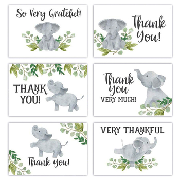 Card de mulțumire cu design elefant și frunze verzi, pentru ambalare cadouri și decor de petrece