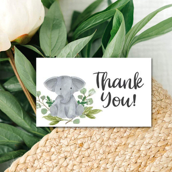 Card de mulțumire cu design elefant și frunze verzi, pentru ambalare cadouri și decor de petrece