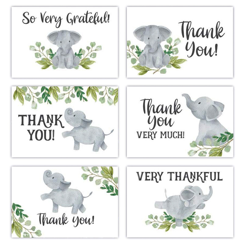 Card de mulțumire cu design elefant și frunze verzi, pentru ambalare cadouri și decor de petrece