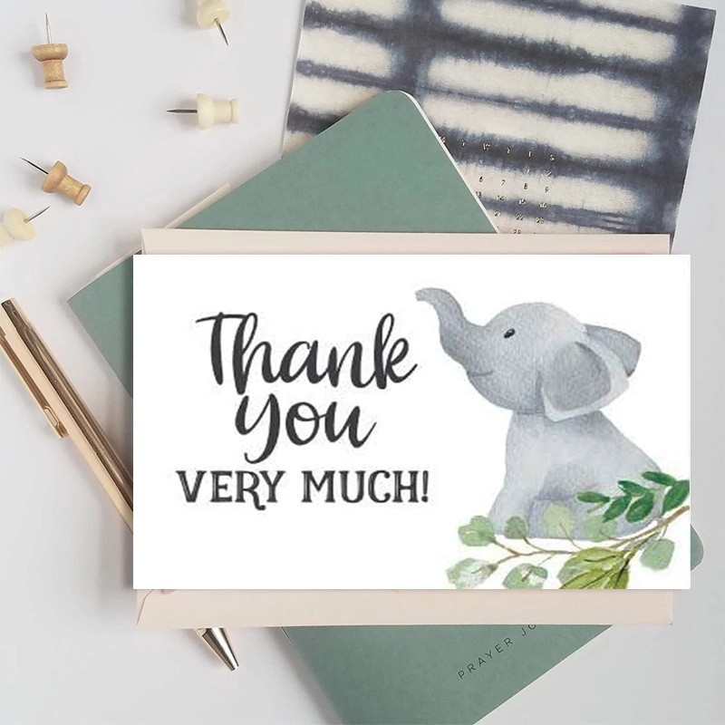Card de mulțumire cu design elefant și frunze verzi, pentru ambalare cadouri și decor de petrece