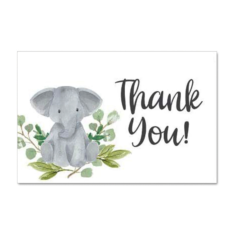 Card de mulțumire cu design elefant și frunze verzi, pentru ambalare cadouri și decor de petrece