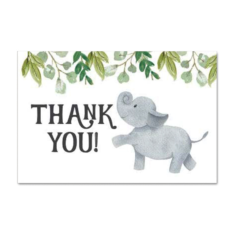 Card de mulțumire cu design elefant și frunze verzi, pentru ambalare cadouri și decor de petrece