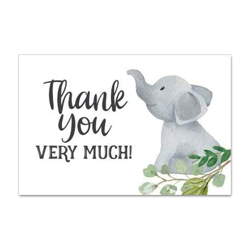 Card de mulțumire cu design elefant și frunze verzi, pentru ambalare cadouri și decor de petrece