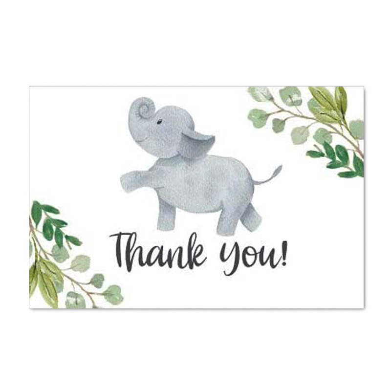 Card de mulțumire cu design elefant și frunze verzi, pentru ambalare cadouri și decor de petrece