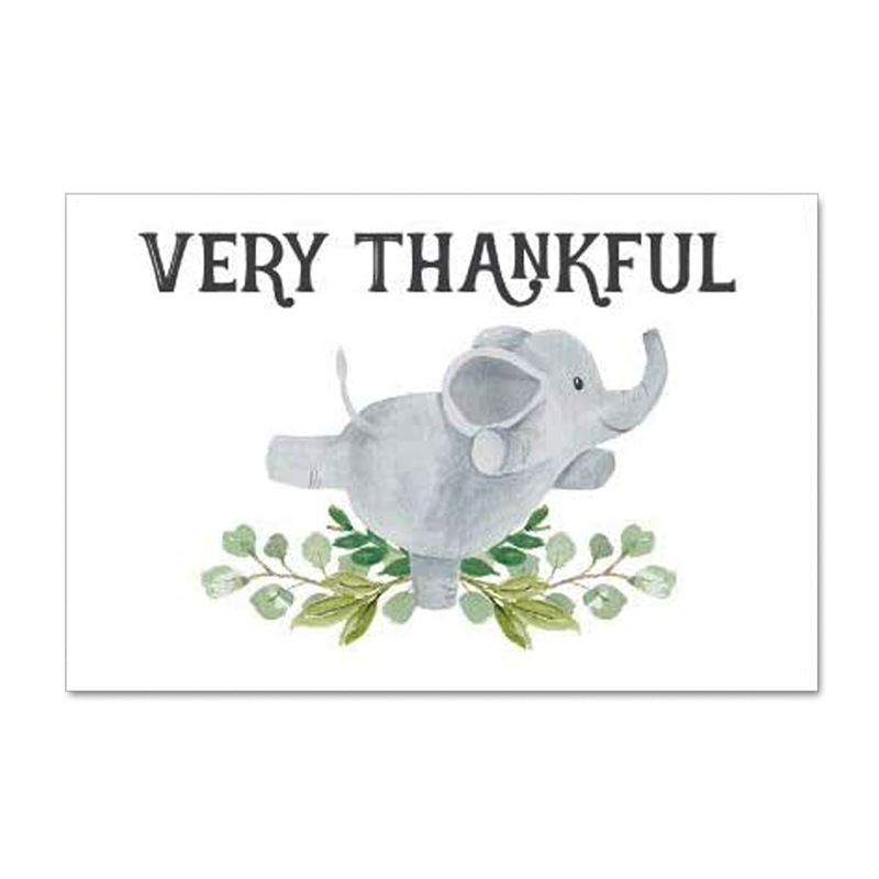 Card de mulțumire cu design elefant și frunze verzi, pentru ambalare cadouri și decor de petrece