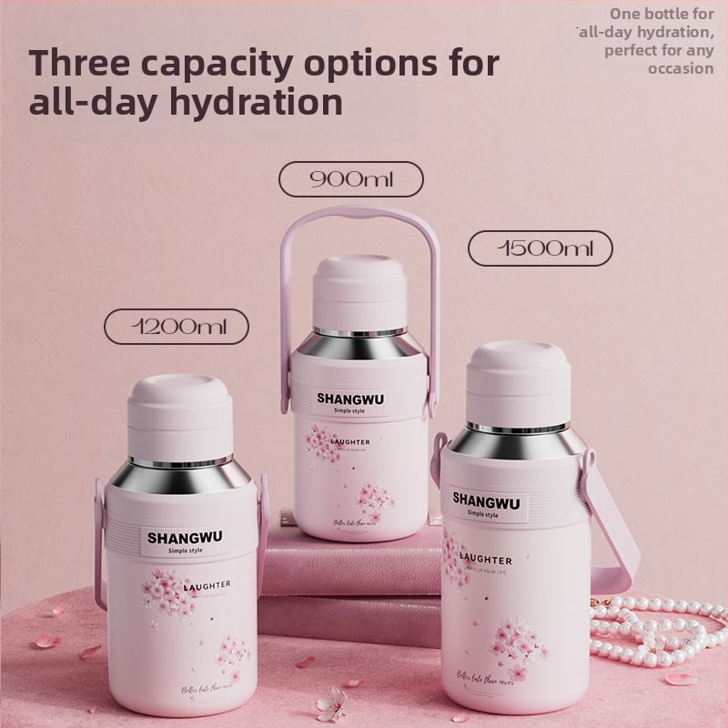 Cană termică inteligentă cu măsurare a temperaturii, din oțel inoxidabil 316, capacitate mare, design Cherry Blossom, pentru sport și exterior