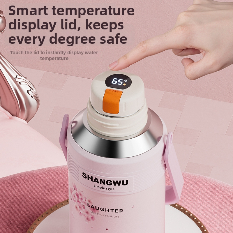 Cană termică inteligentă cu măsurare a temperaturii, din oțel inoxidabil 316, capacitate mare, design Cherry Blossom, pentru sport și exterior