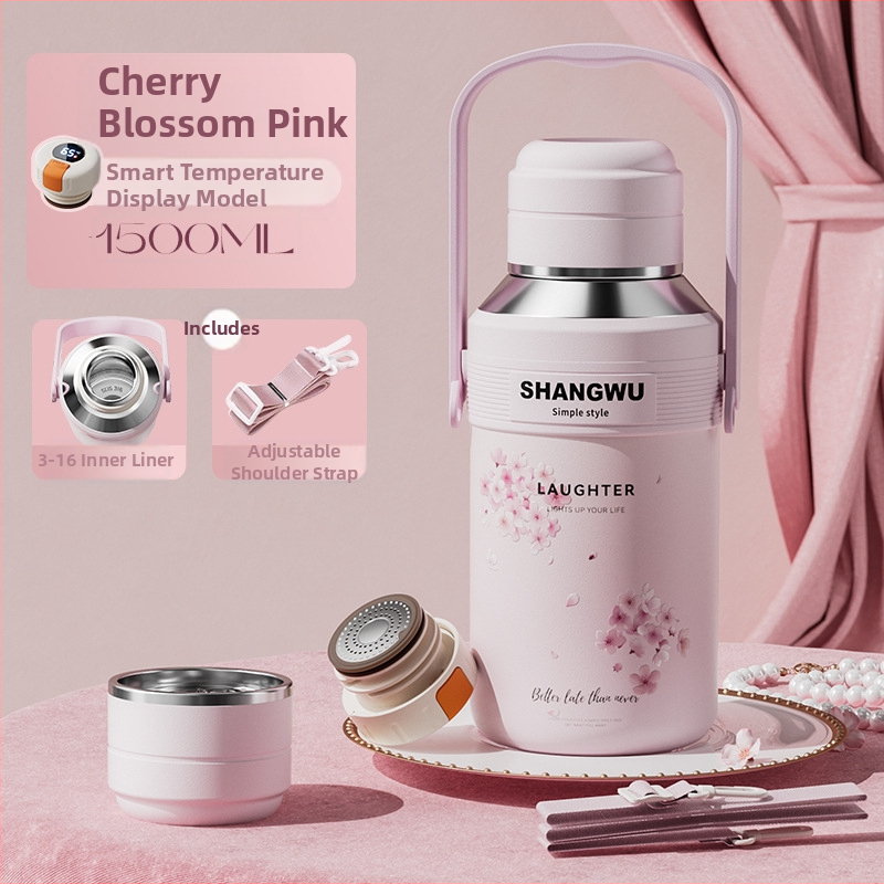 Cană termică inteligentă cu măsurare a temperaturii, din oțel inoxidabil 316, capacitate mare, design Cherry Blossom, pentru sport și exterior