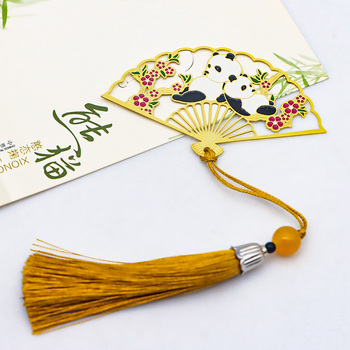 Semn de carte în stil chinezesc antic cu evantai pliant, panda drăguț, din metal cu decupaj și ciucure