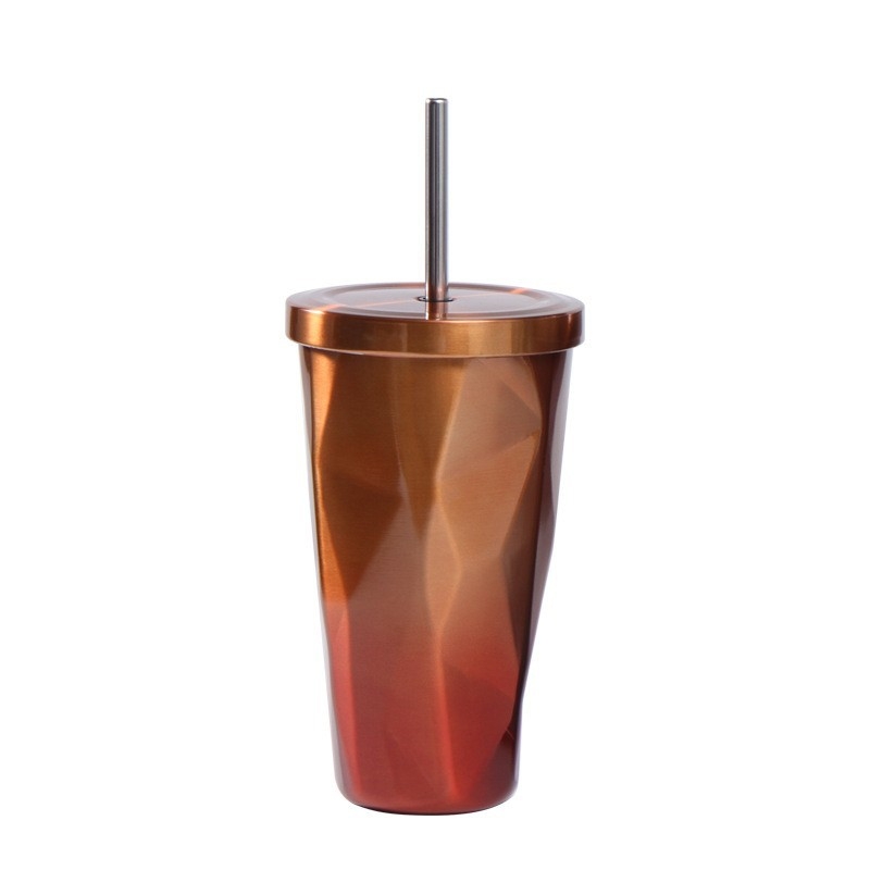 Ceașcă din oțel inoxidabil cu pai, design gradient în formă de diamant, ceașcă termoizolată portabilă pentru exterior