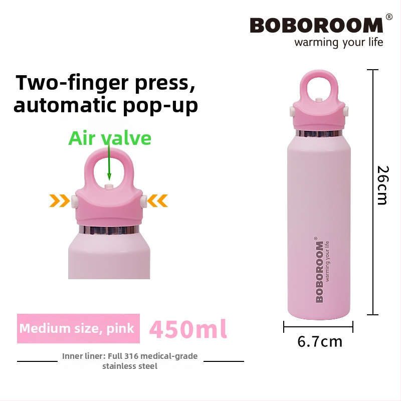 Boboroom cană termică din oțel inoxidabil 316L, portabilă, capacitate mare, design elegant, pentru fete și studente, utilizare în aer liber