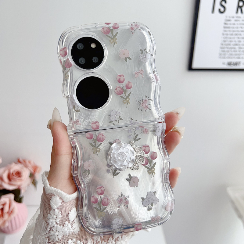 Etui Huawei Pocket 2 — 3D camellia cvijet, reljefni dizajn, skicirano cvijeće, japansko-korejski stil