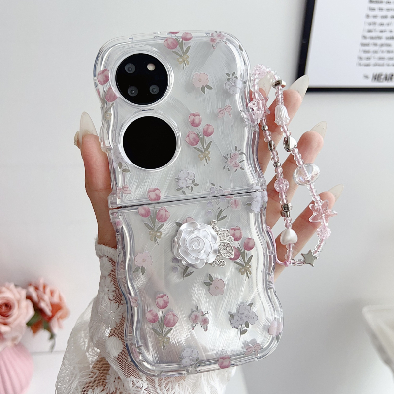 Etui Huawei Pocket 2 — 3D camellia cvijet, reljefni dizajn, skicirano cvijeće, japansko-korejski stil
