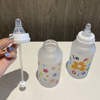 Pahar de apă din plastic drăguț, cu pai și capac în stil biberon, portabil, design în stil coreean pentru adulți și copii.