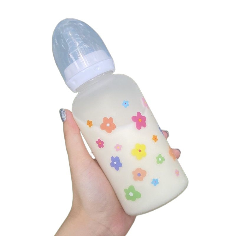 Pahar de apă din plastic drăguț, cu pai și capac în stil biberon, portabil, design în stil coreean pentru adulți și copii.