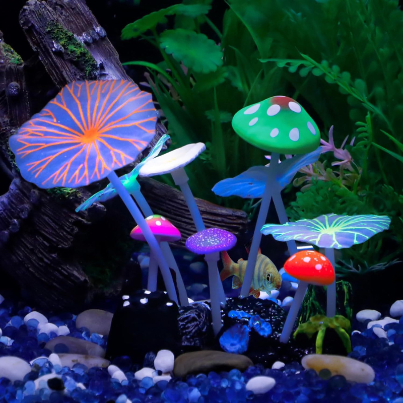 Svjetleće silikonske ukrasne dekoracije za akvarij: realistične gljive, vodene biljke, lotus lišće i stijene za aquascaping