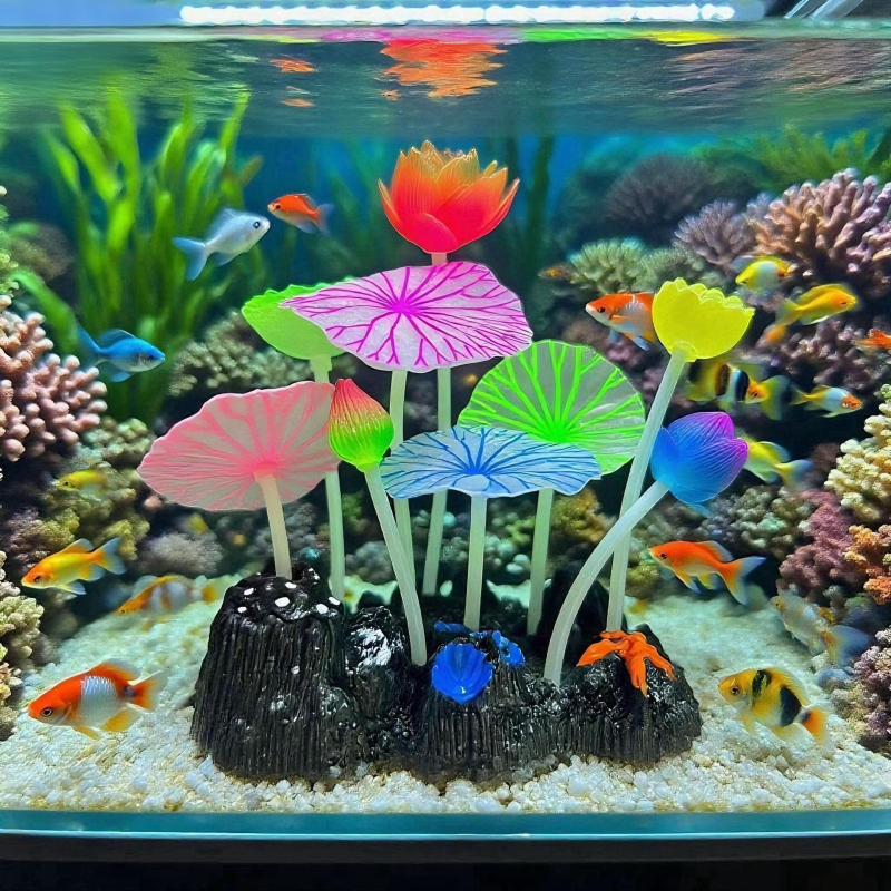 Svjetleće silikonske ukrasne dekoracije za akvarij: realistične gljive, vodene biljke, lotus lišće i stijene za aquascaping