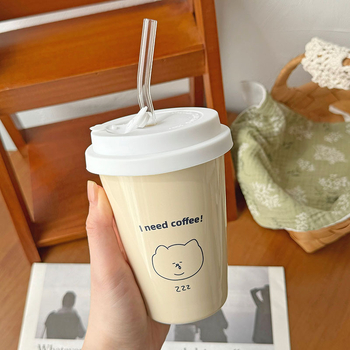 Ceașcă ceramică pentru cafea și ceai cu lapte, stil Instagram, imitare a unui pahar de hârtie, pentru uz casnic, design drăguț desen animat cu pai