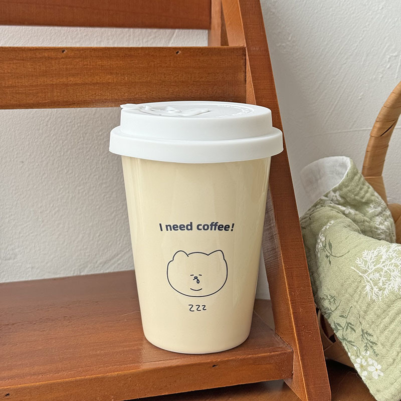 Ceașcă ceramică pentru cafea și ceai cu lapte, stil Instagram, imitare a unui pahar de hârtie, pentru uz casnic, design drăguț desen animat cu pai