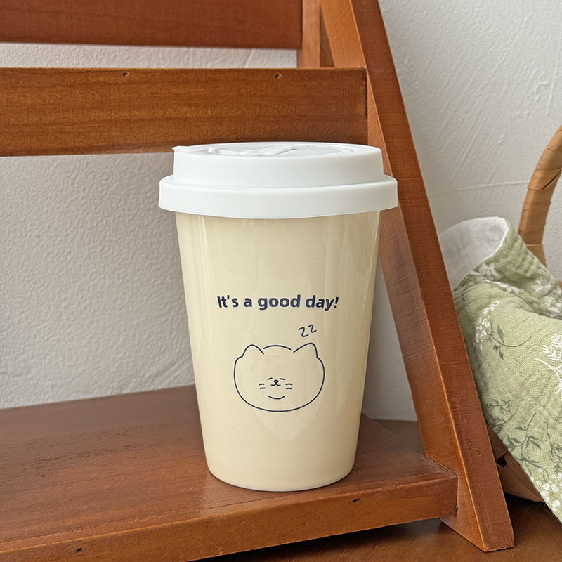 Ceașcă ceramică pentru cafea și ceai cu lapte, stil Instagram, imitare a unui pahar de hârtie, pentru uz casnic, design drăguț desen animat cu pai