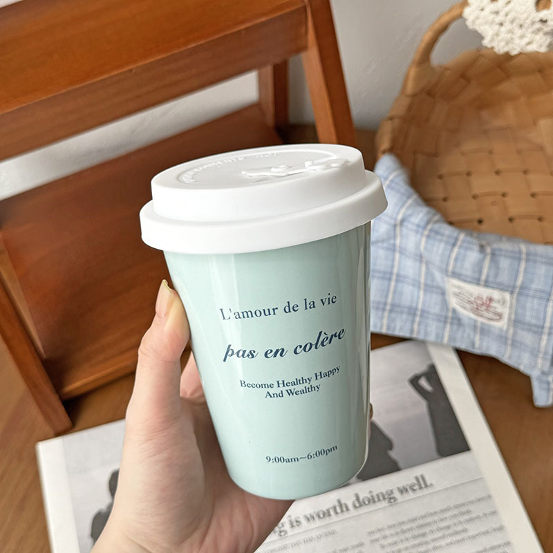 Ceașcă ceramică pentru cafea și ceai cu lapte, stil Instagram, imitare a unui pahar de hârtie, pentru uz casnic, design drăguț desen animat cu pai