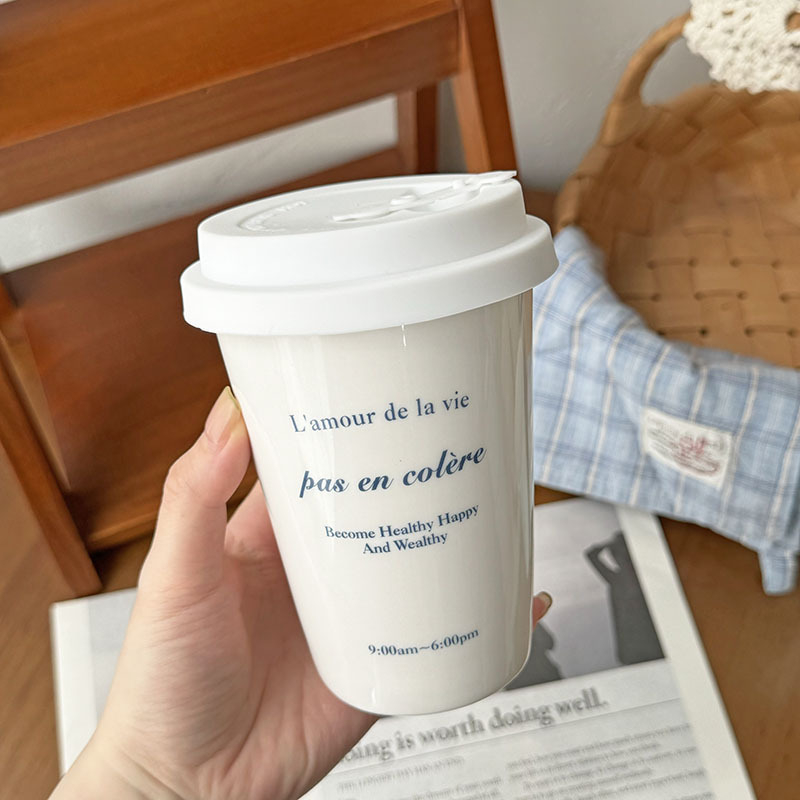 Ceașcă ceramică pentru cafea și ceai cu lapte, stil Instagram, imitare a unui pahar de hârtie, pentru uz casnic, design drăguț desen animat cu pai