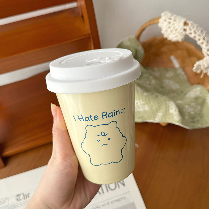 Ceașcă ceramică pentru cafea și ceai cu lapte, stil Instagram, imitare a unui pahar de hârtie, pentru uz casnic, design drăguț desen animat cu pai