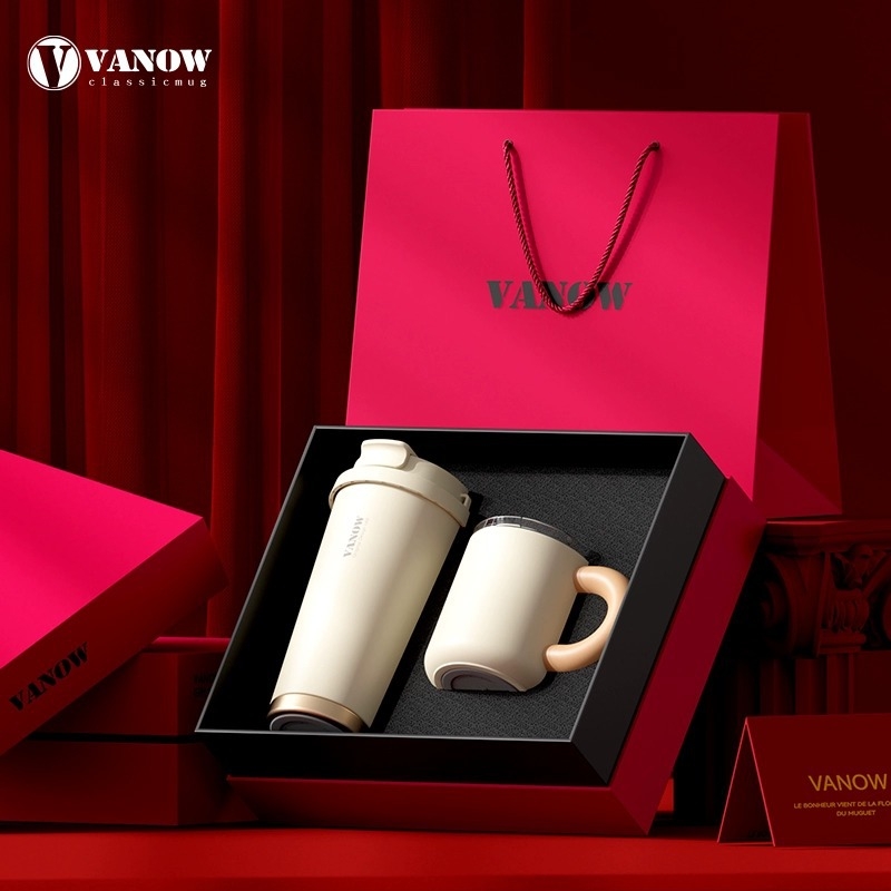 Vanow Termos de cafea cu gravură – cutie cadou pentru femei, model nou 2023, cu pai, izolație