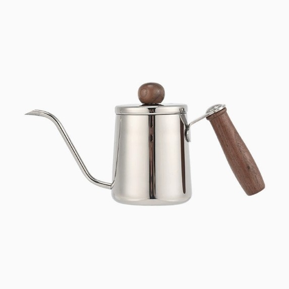 Ceainic pour-over de 350 ml, cu mâner din lemn de nuc, oțel inoxidabil 304, cu scară de măsurare și gură lungă