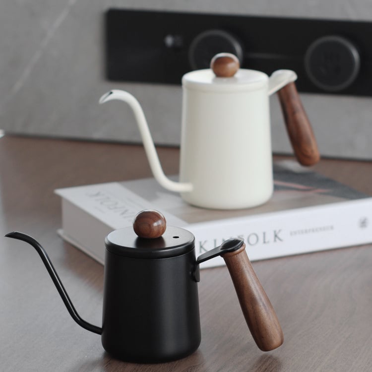 Ceainic pour-over de 350 ml, cu mâner din lemn de nuc, oțel inoxidabil 304, cu scară de măsurare și gură lungă